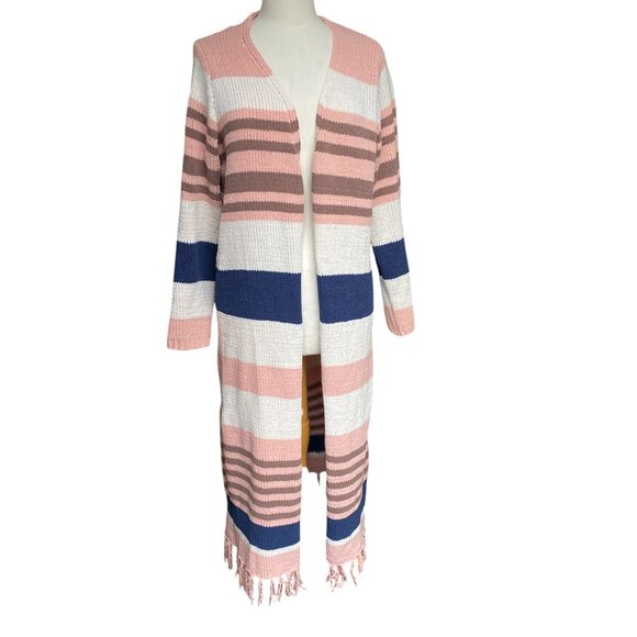 Umgee Striped Chenille Long Cardigan Pink Brown USA Boho Cottage Duster Tassel-S - Picture 1 of 13